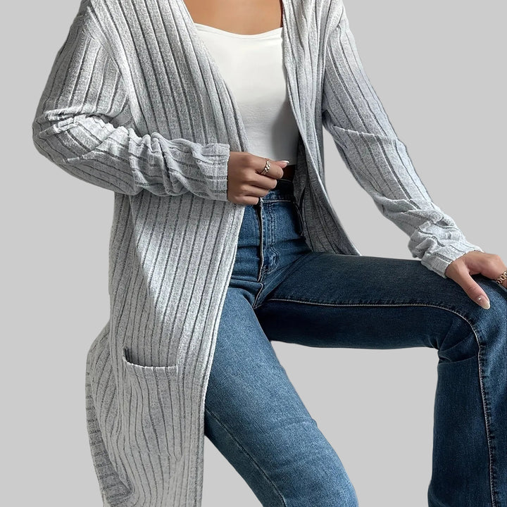 Longline Ribbed Knit Cardigan with Open Front and Pockets