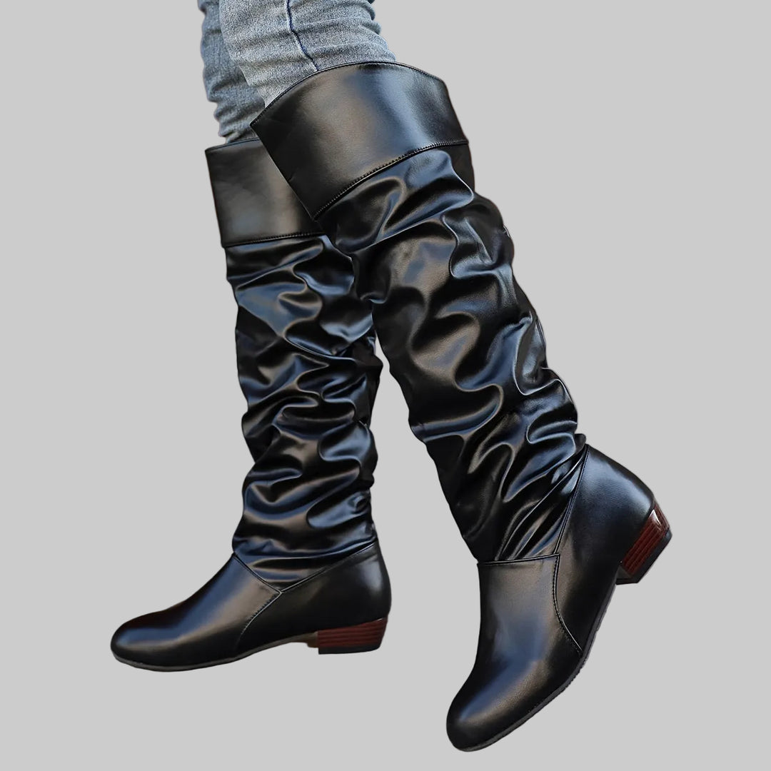 Slouch Knee-High Boots with Low Heel and Rounded Toe