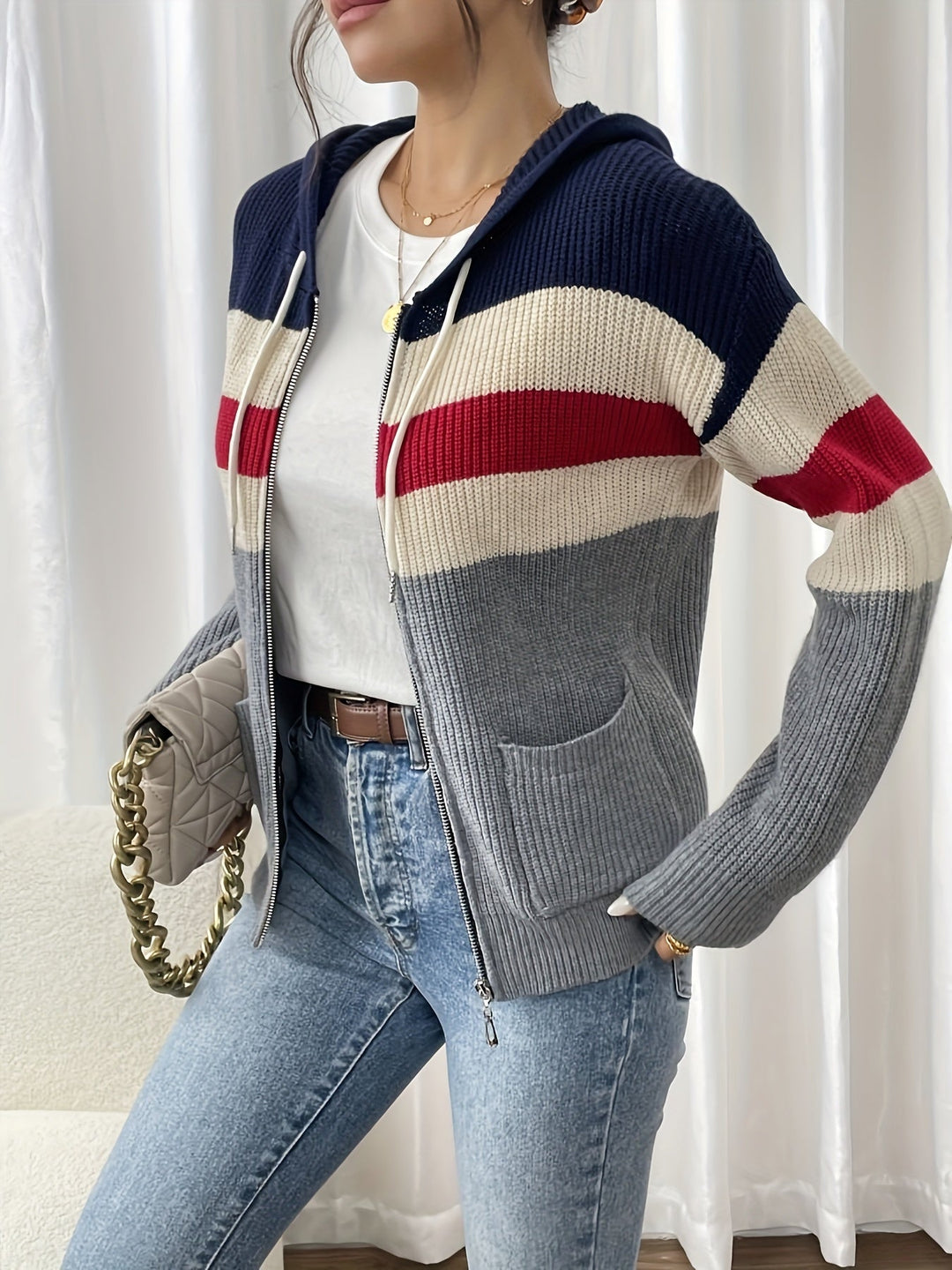 Women's Colour-Block Hooded Zip Cardigan