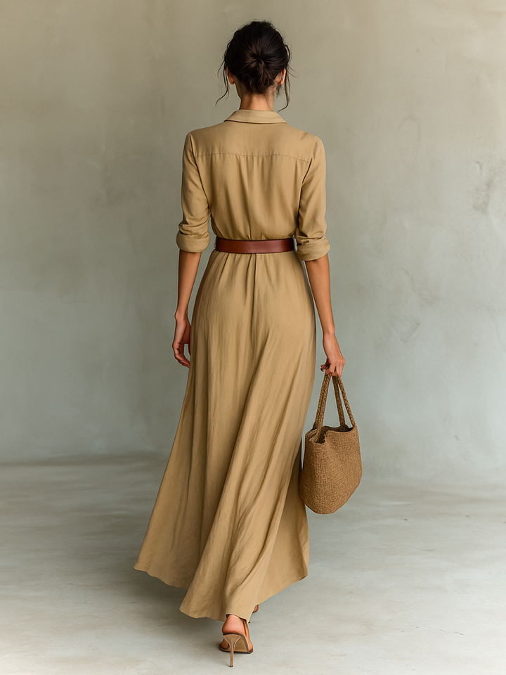 Women’s Belted Long Sleeve Lapel Maxi Dress