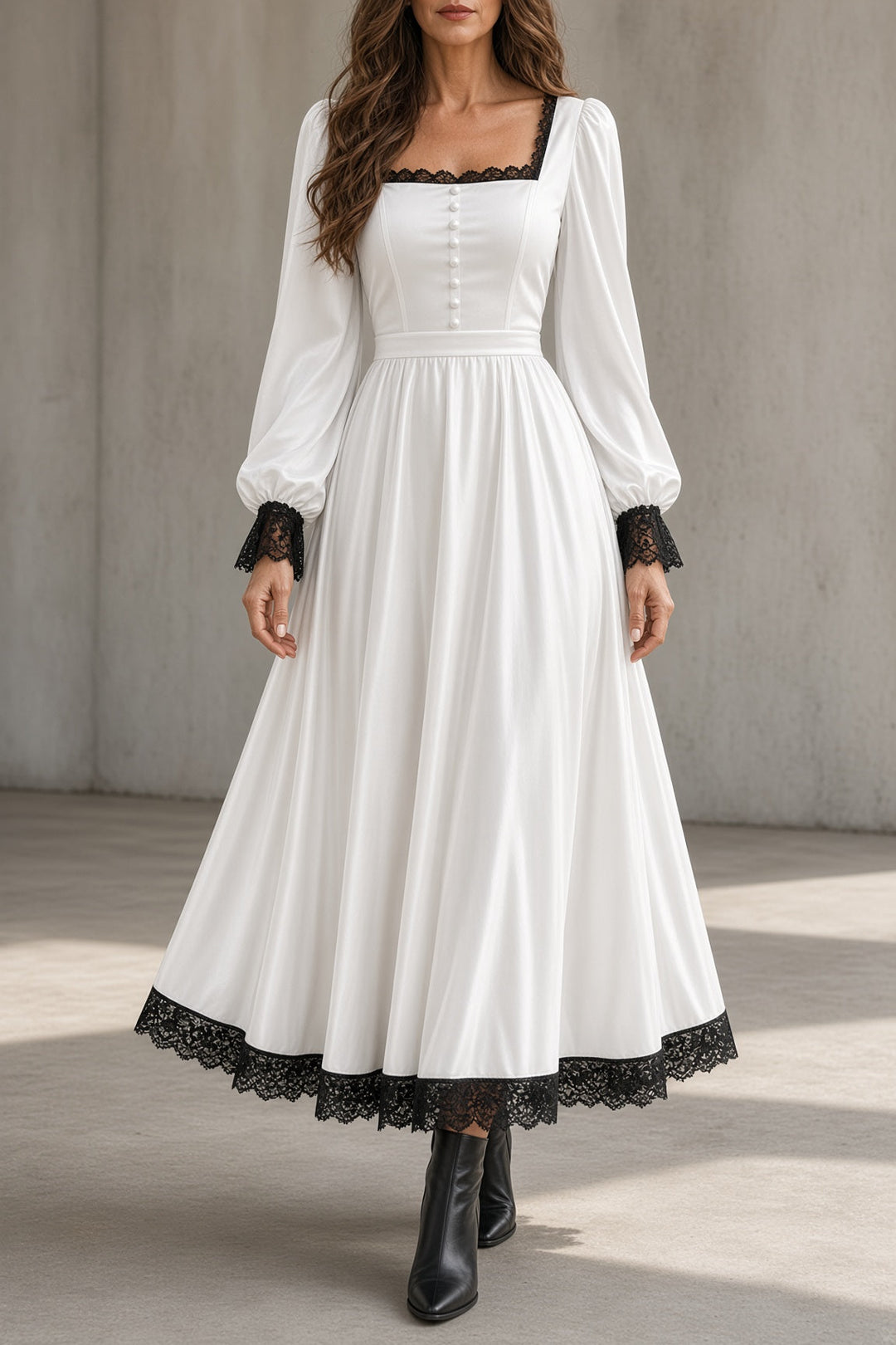 Women's Velvet Lace Trim Dress - White