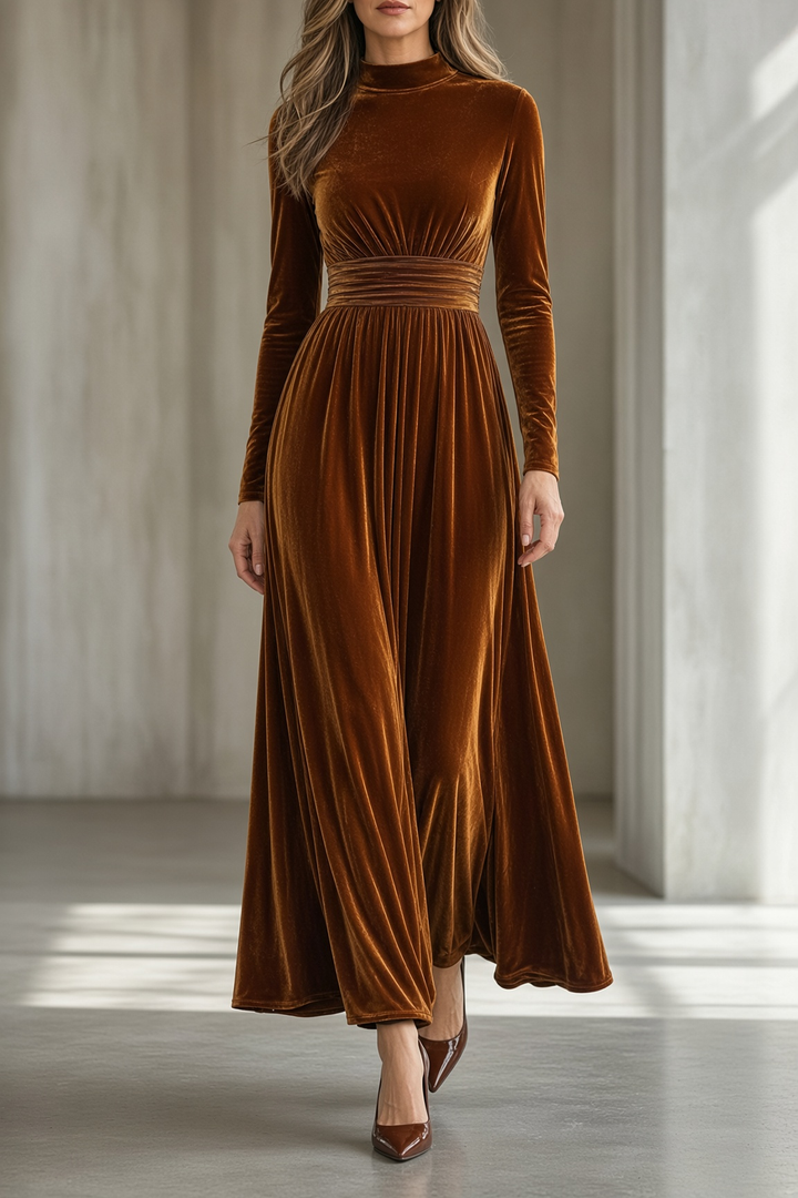 Women's Velvet Ruched Waist Maxi Dress - Brown