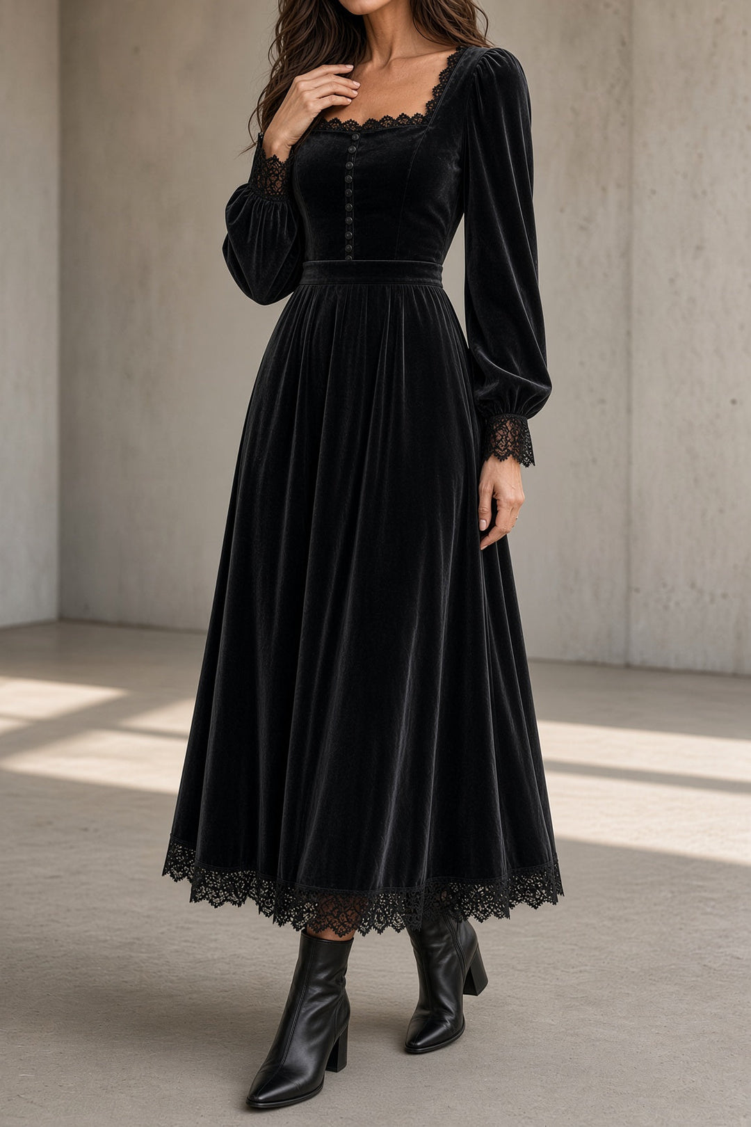 Women's Velvet Lace Trim Dress