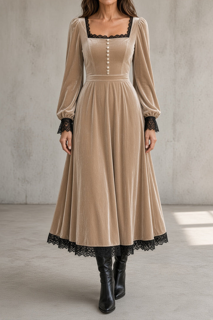 Women's Velvet Lace Trim Dress - Beige