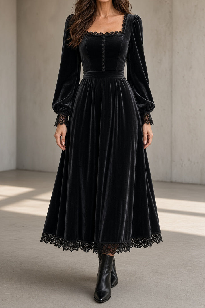 Women's Velvet Lace Trim Dress - Black