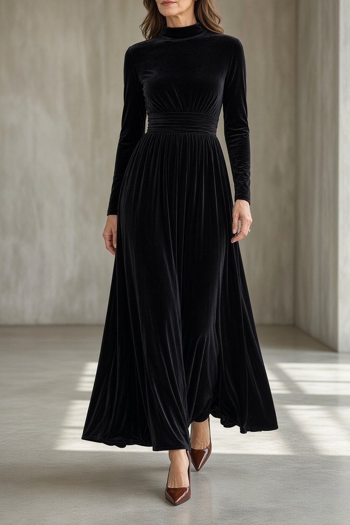 Women's Velvet Ruched Waist Maxi Dress - Black