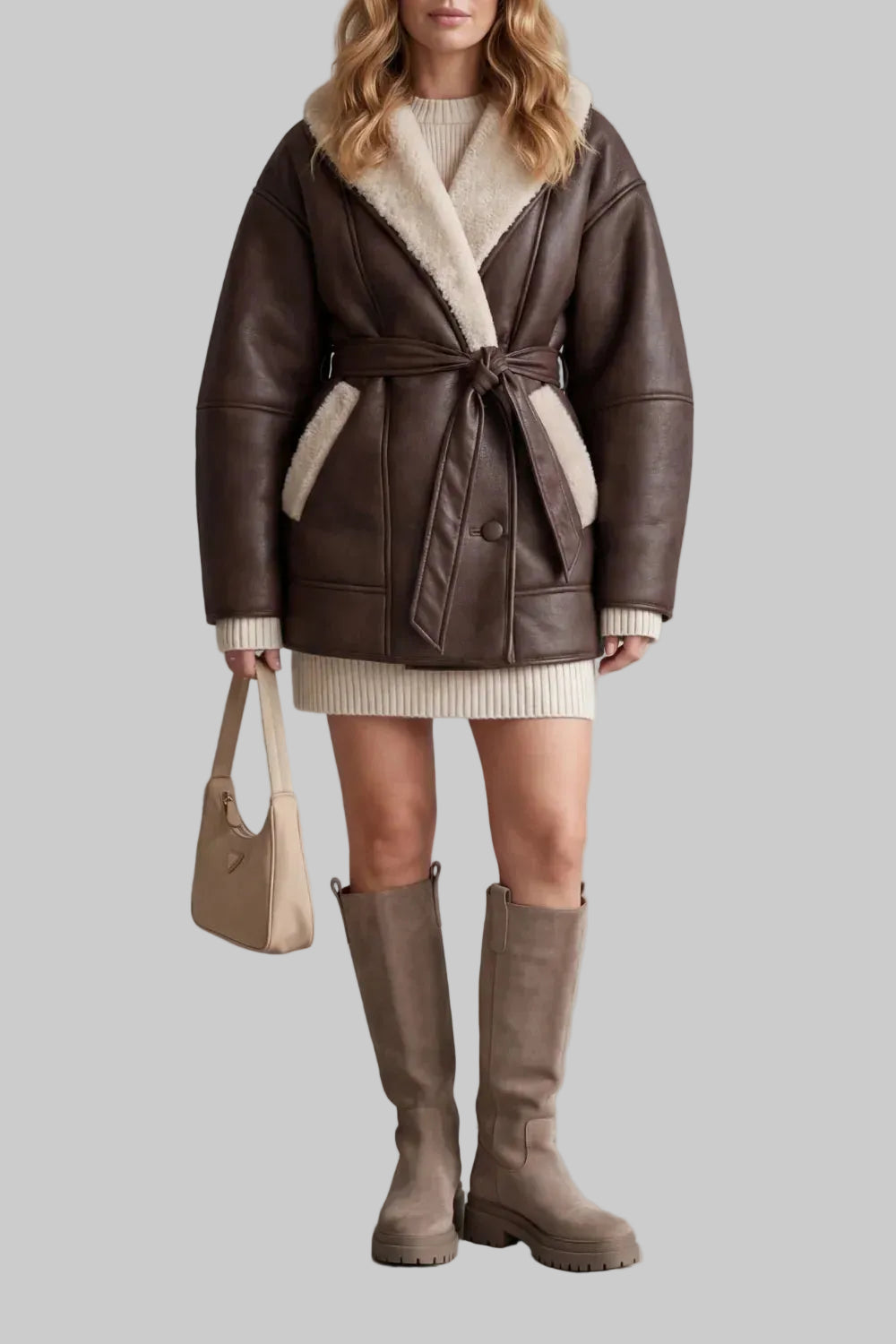 Women's Oversized Faux Leather Coat with Sherpa Lining and Tie Belt