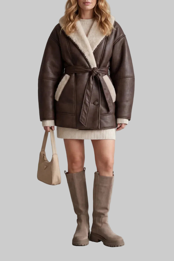 Women's Oversized Faux Leather Coat with Sherpa Lining and Tie Belt