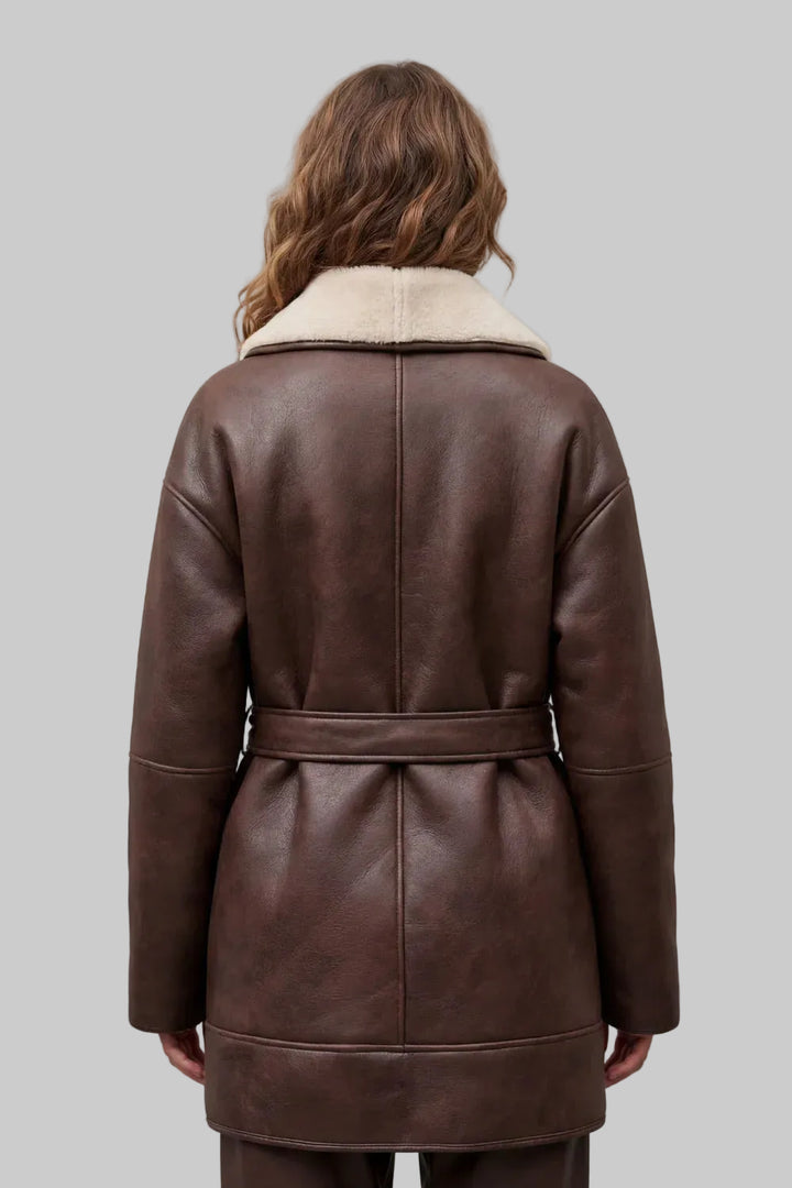 Women's Oversized Faux Leather Coat with Sherpa Lining and Tie Belt