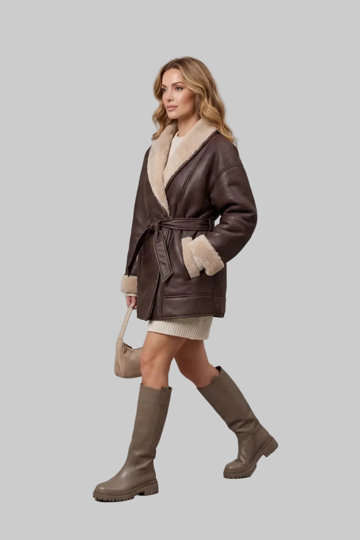 Women's Oversized Faux Leather Coat with Sherpa Lining and Tie Belt