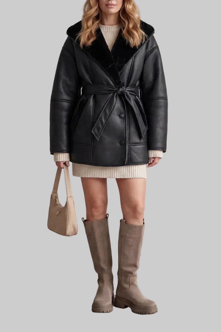 Women's Oversized Faux Leather Coat with Sherpa Lining and Tie Belt