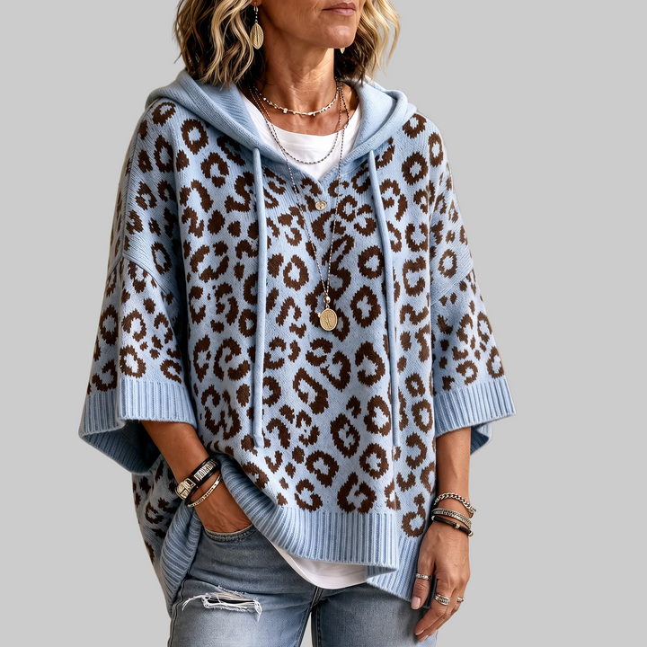 Oversized Leopard-Print Hooded Knit Jumper