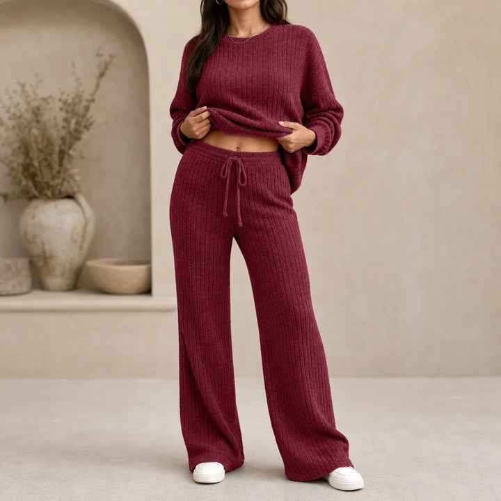 Women's Ribbed Knit Drop-Shoulder Jumper and Wide-Leg Trouser Set
