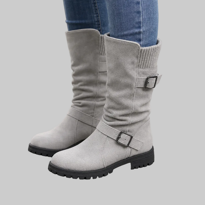 Slouch Mid-Calf Boots with Ribbed Knit Cuff and Treaded Sole