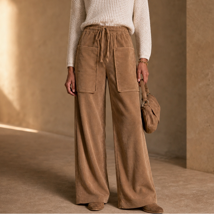 Women's Ribbed Corduroy Wide-Leg Trousers - Khaki