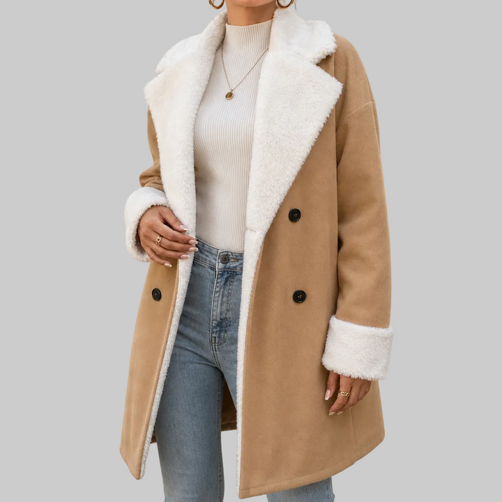 Women's Longline Polyester Coat with Plush Collar and Cuffs