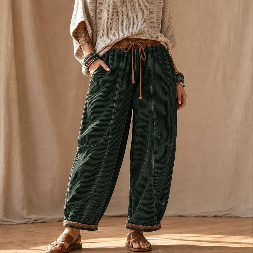 Women's Ribbed Corduroy-Look Lantern Trousers