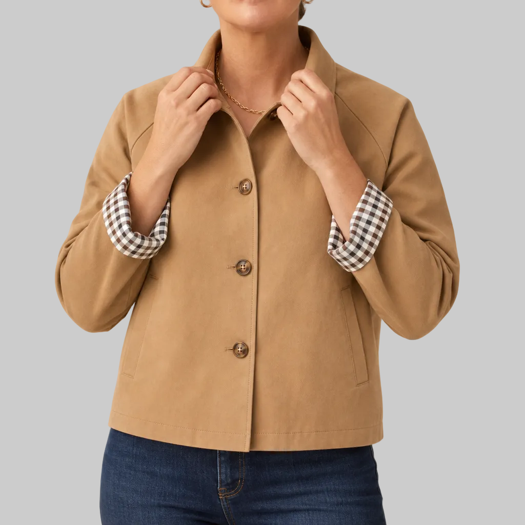 Women's Short Button-Front Coat with Raglan Sleeves and Checked Cuffs