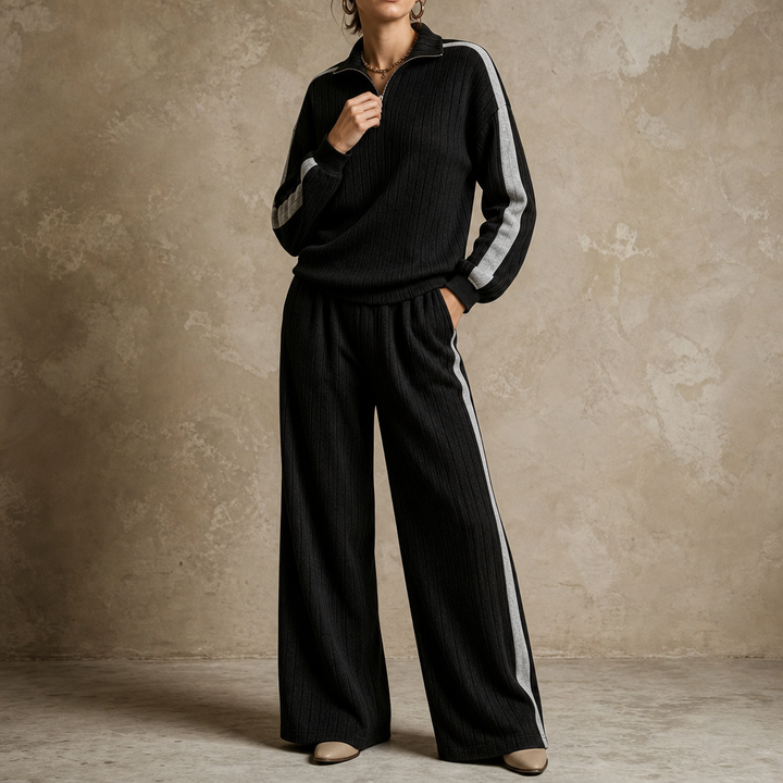 Women's Ribbed Half-Zip Wide-Leg Lounge Set