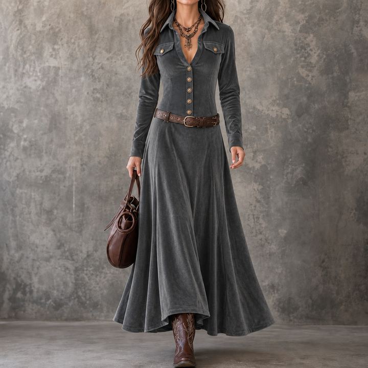 Women's Velvet-Look Button-Front A-Line Maxi Dress