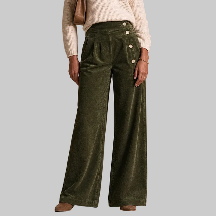 Women's Corduroy Asymmetrical Button-Front Pleated Wide-Leg Trousers