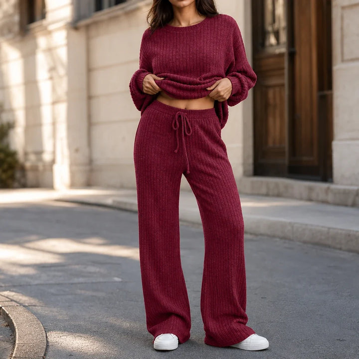 Women's Ribbed Knit Drop-Shoulder Jumper and Wide-Leg Trouser Set