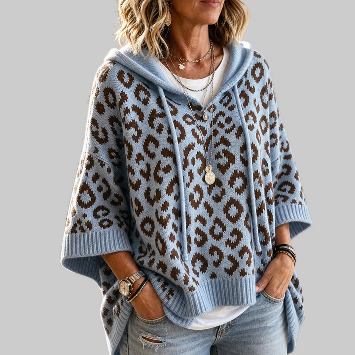 Oversized Leopard-Print Hooded Knit Jumper