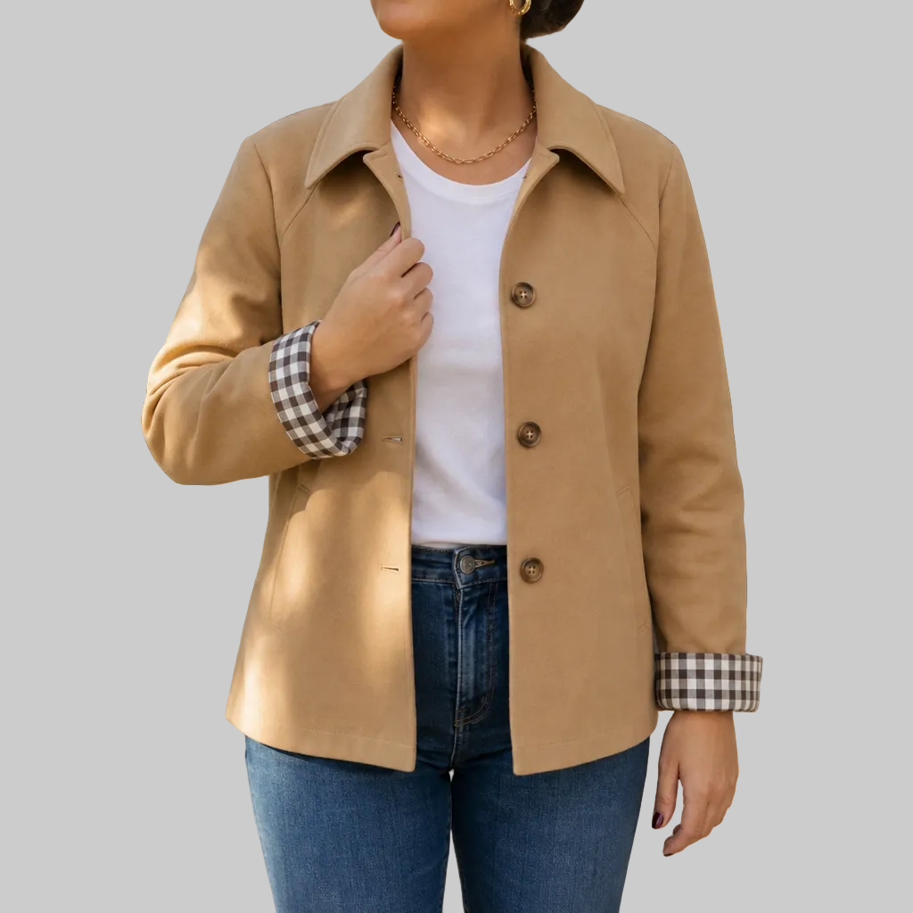 Women's Short Button-Front Coat with Raglan Sleeves and Checked Cuffs