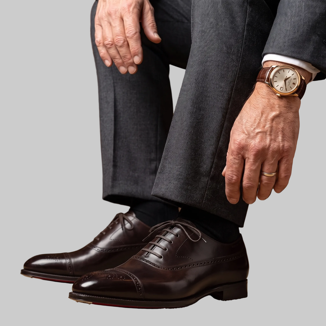 Men's Genuine Leather Cap-Toe Oxford Brogue Shoes