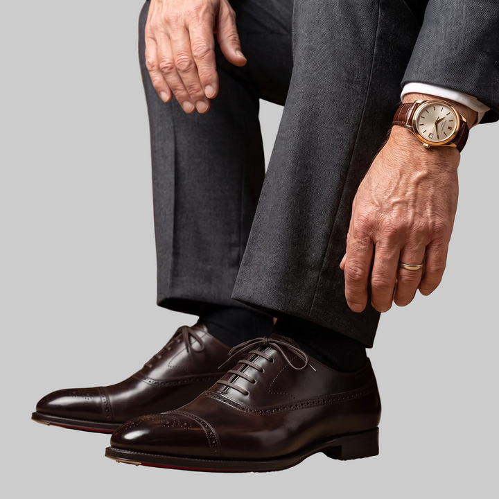 Men's Genuine Leather Cap-Toe Oxford Brogue Shoes