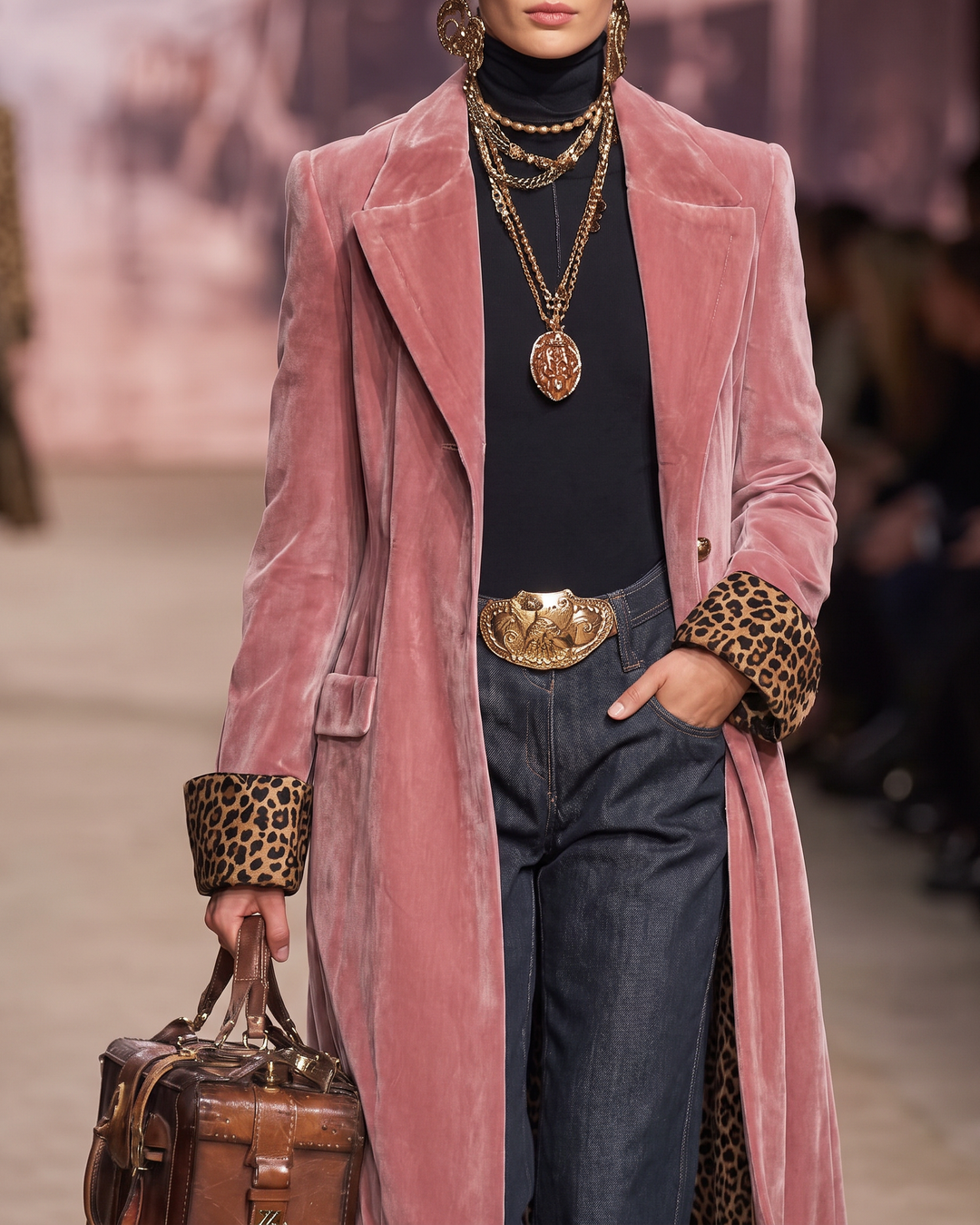 Women’s Long Tailored Coat with Leopard Print Lining
