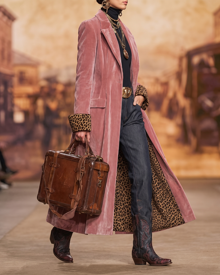Women’s Long Tailored Coat with Leopard Print Lining