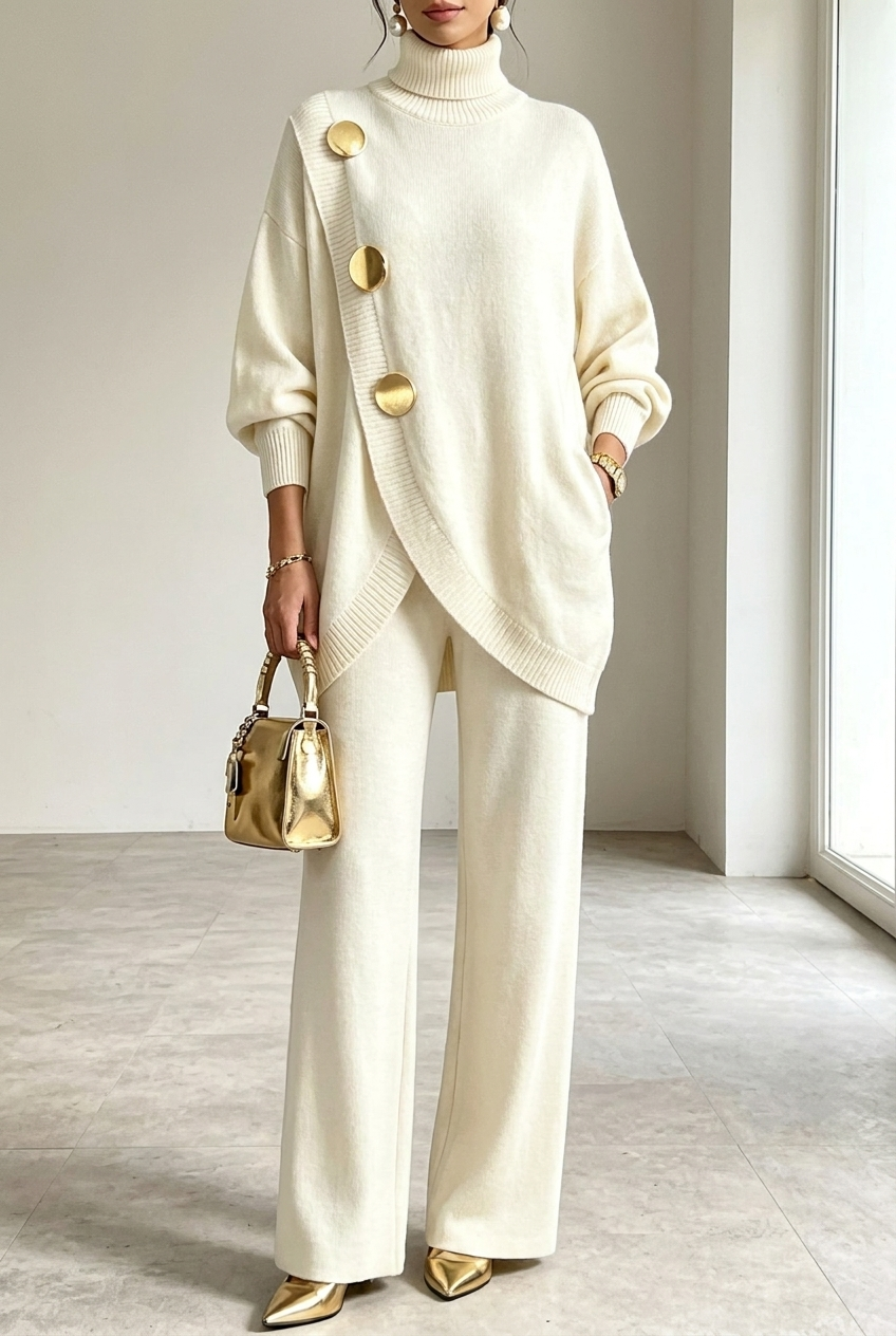 Women's Knit Roll Neck Two-Piece Lounge Set - White
