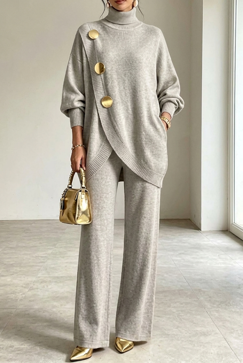 Women's Knit Roll Neck Two-Piece Lounge Set - Light Grey
