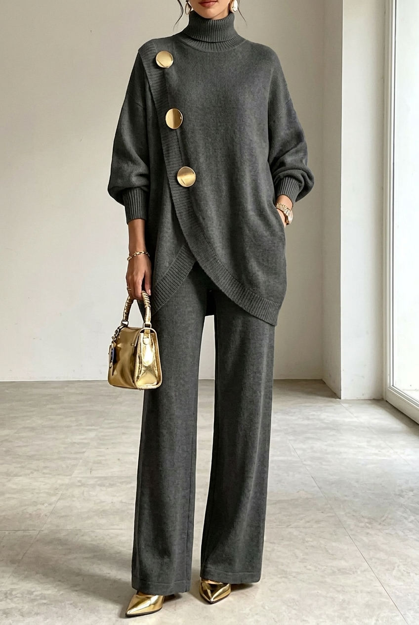 Women's Knit Roll Neck Two-Piece Lounge Set - Dark Grey