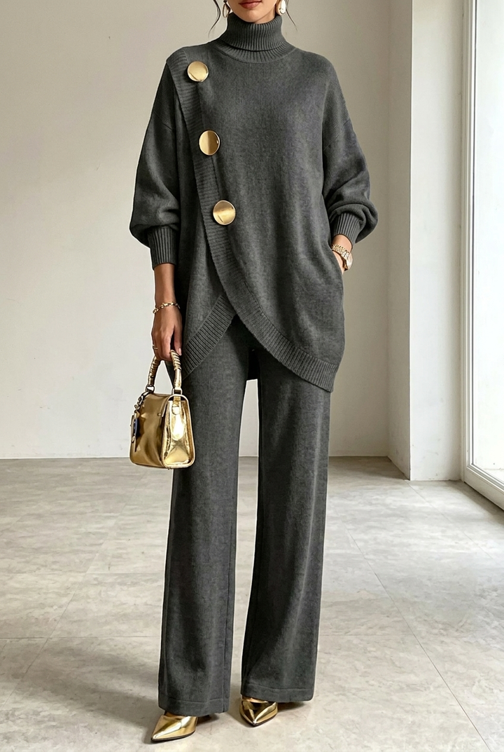 Women's Knit Roll Neck Two-Piece Lounge Set - Dark Grey