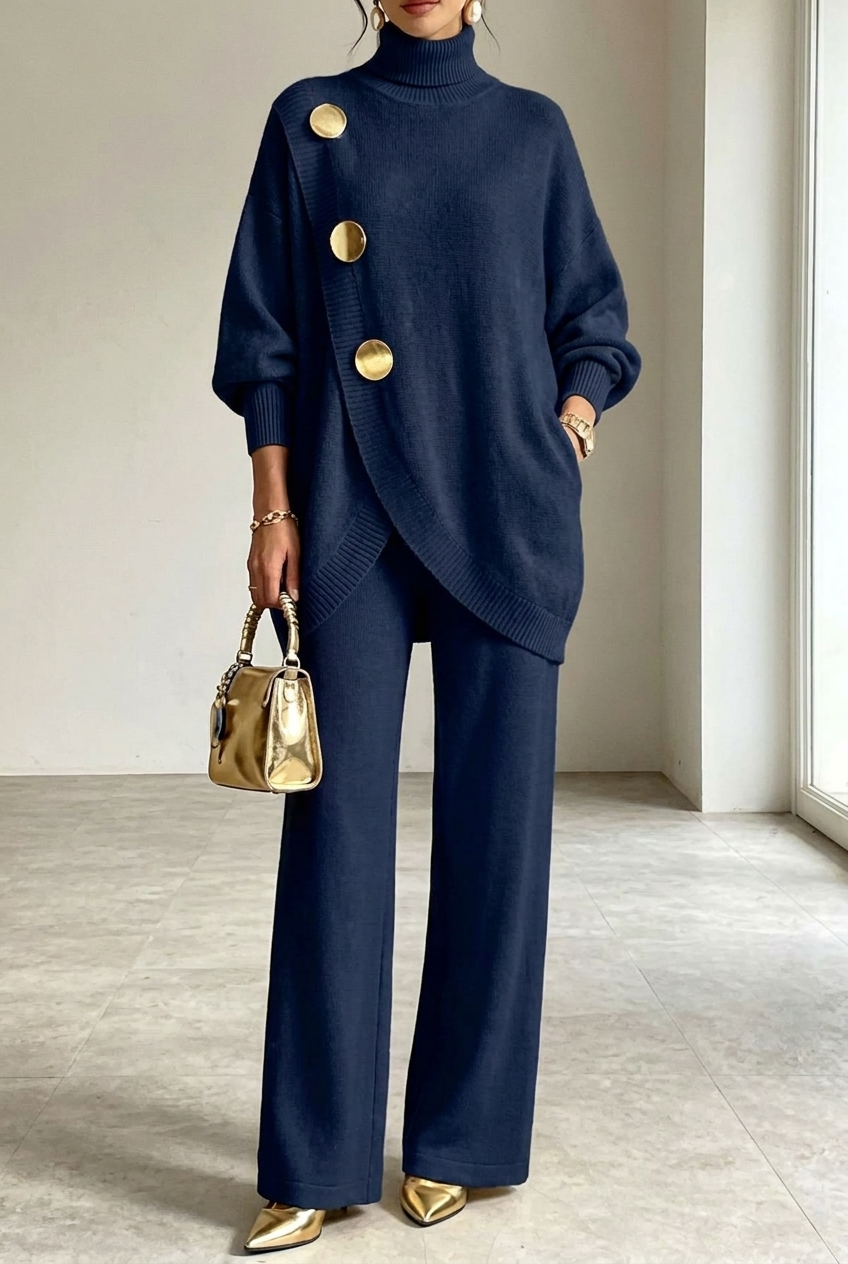 Women's Knit Roll Neck Two-Piece Lounge Set - Navy Blue