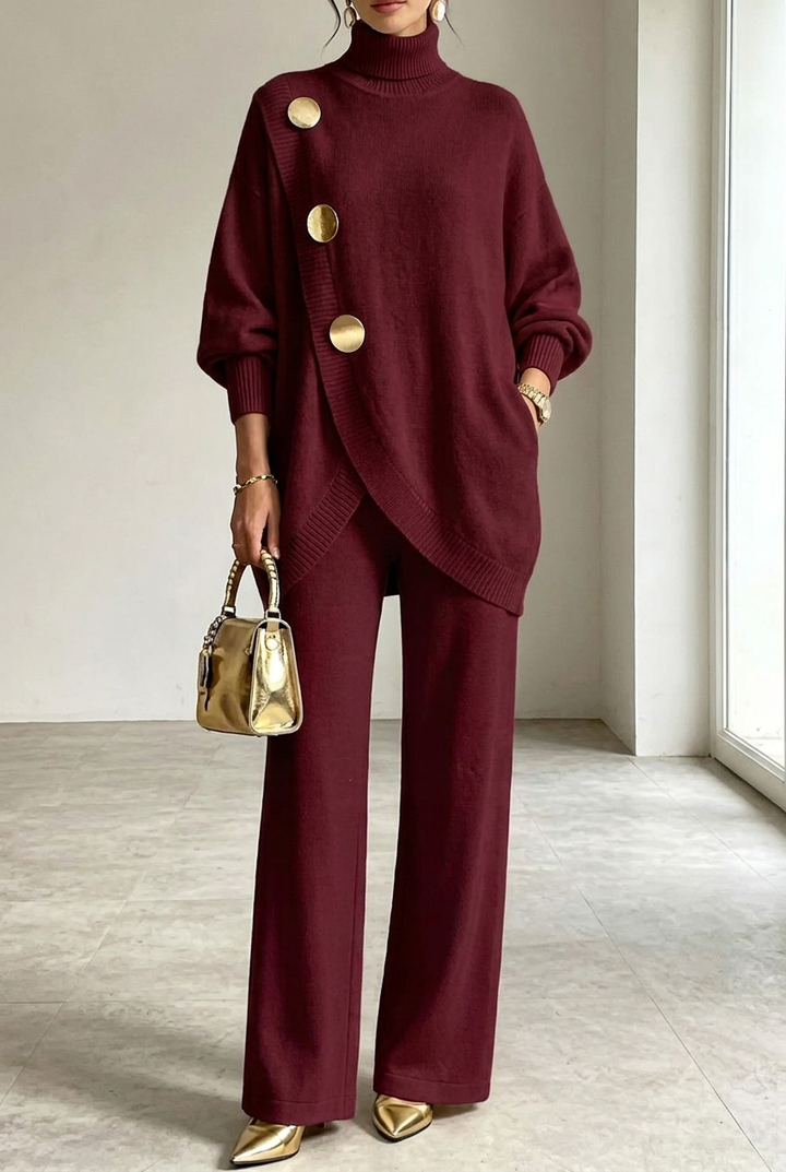 Women's Knit Roll Neck Two-Piece Lounge Set - Burgundy