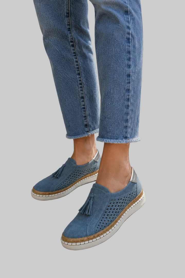 Women's Perforated Suede Loafers with Tassel Detail
