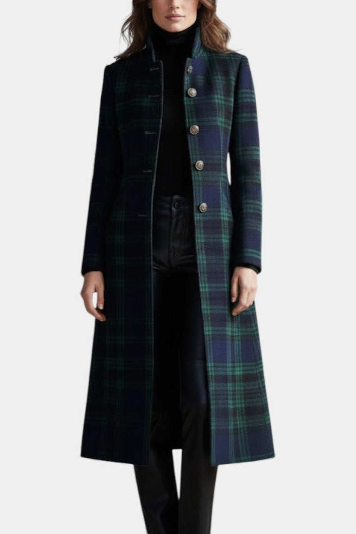 Women's Longline Checked Coat with Straight Cut and Structured Fit