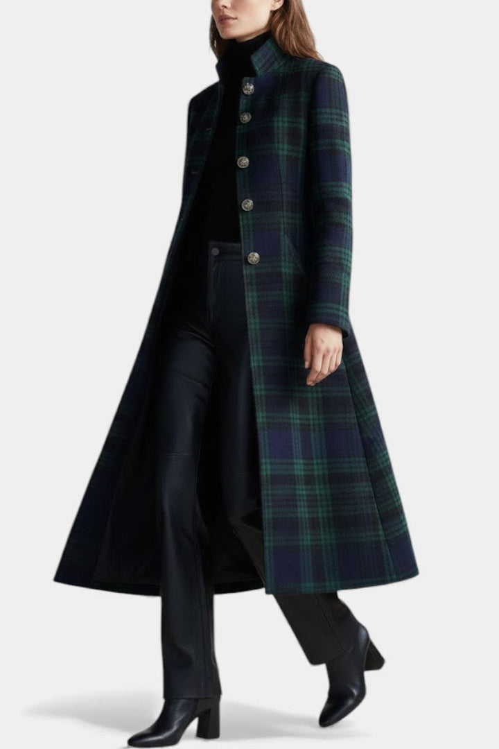 Women's Longline Checked Coat with Straight Cut and Structured Fit
