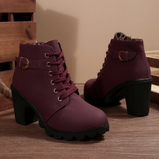 Women's Lace-Up Buckle Chunky Ankle Boots - Burgundy