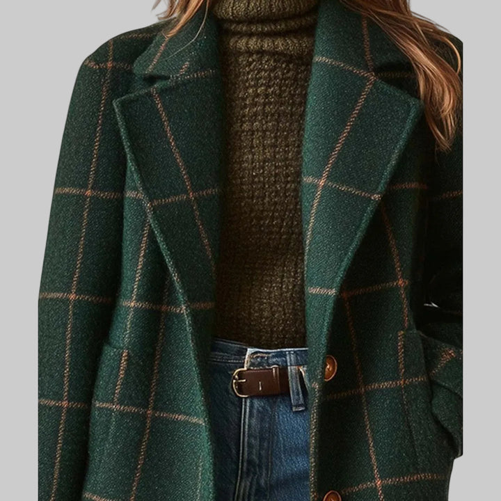 Women's Tailored Plaid Tweed Coat with Lapel Collar