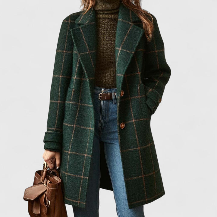 Women's Tailored Plaid Tweed Coat with Lapel Collar