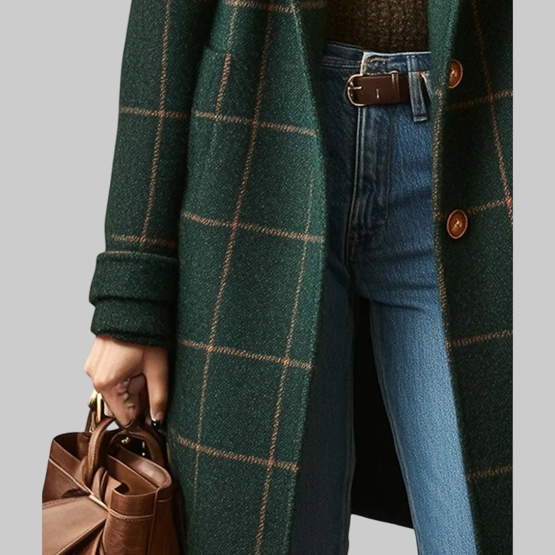 Women's Tailored Plaid Tweed Coat with Lapel Collar