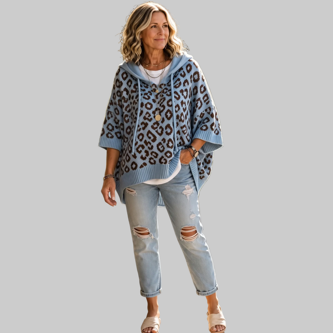 Oversized Leopard-Print Hooded Knit Jumper