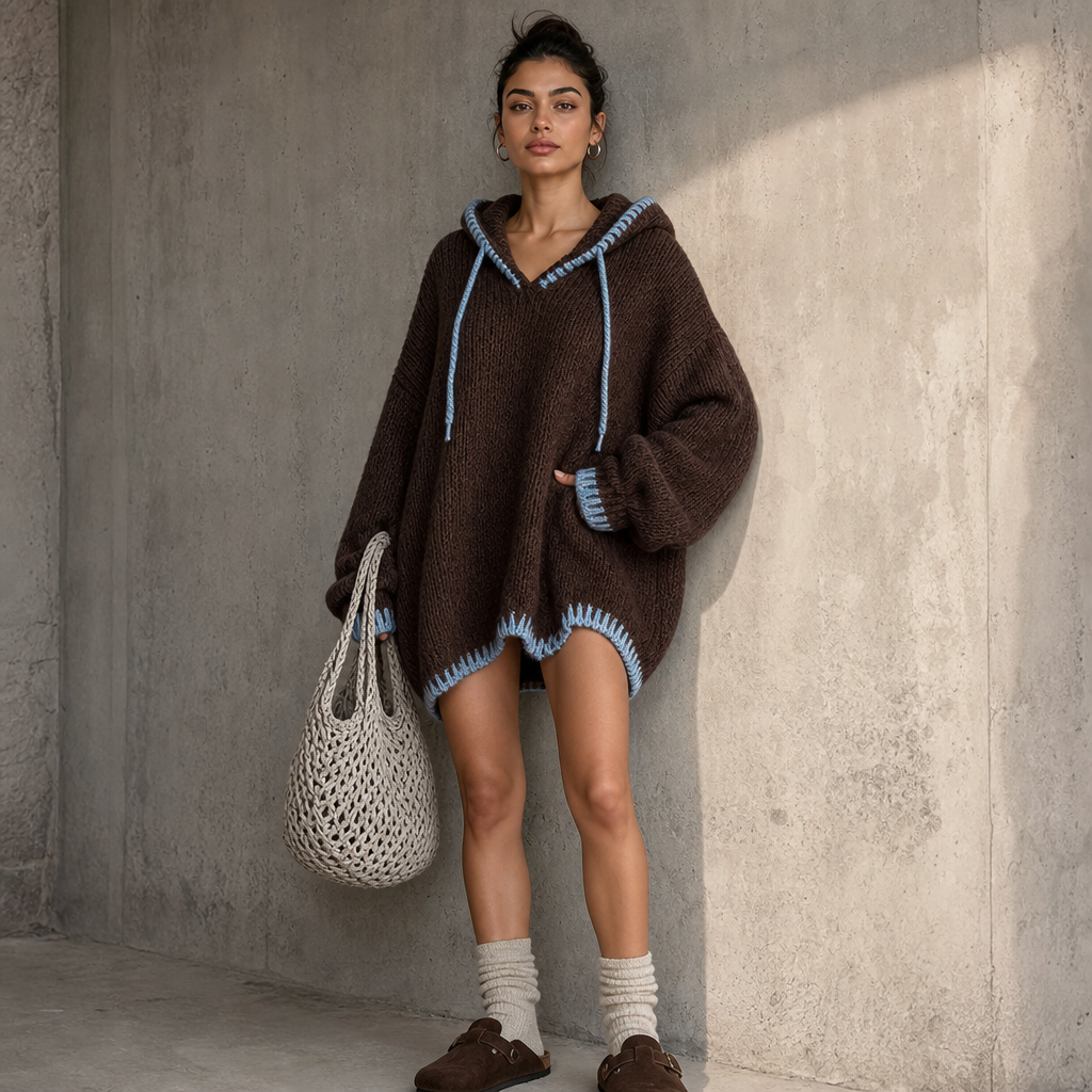 Women's Contrast-Trim Hooded Knit Sweater Dress