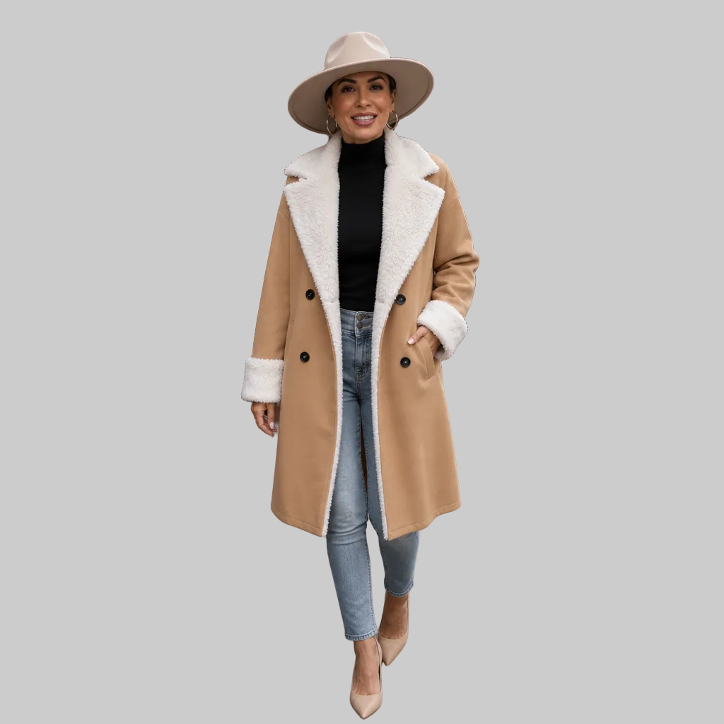 Women's Longline Polyester Coat with Plush Collar and Cuffs
