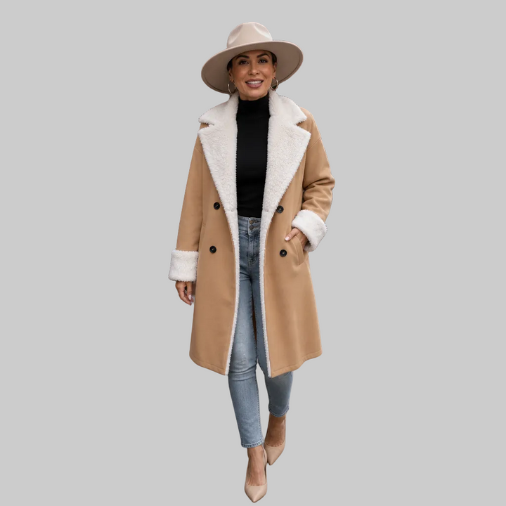 Women's Longline Polyester Coat with Plush Collar and Cuffs