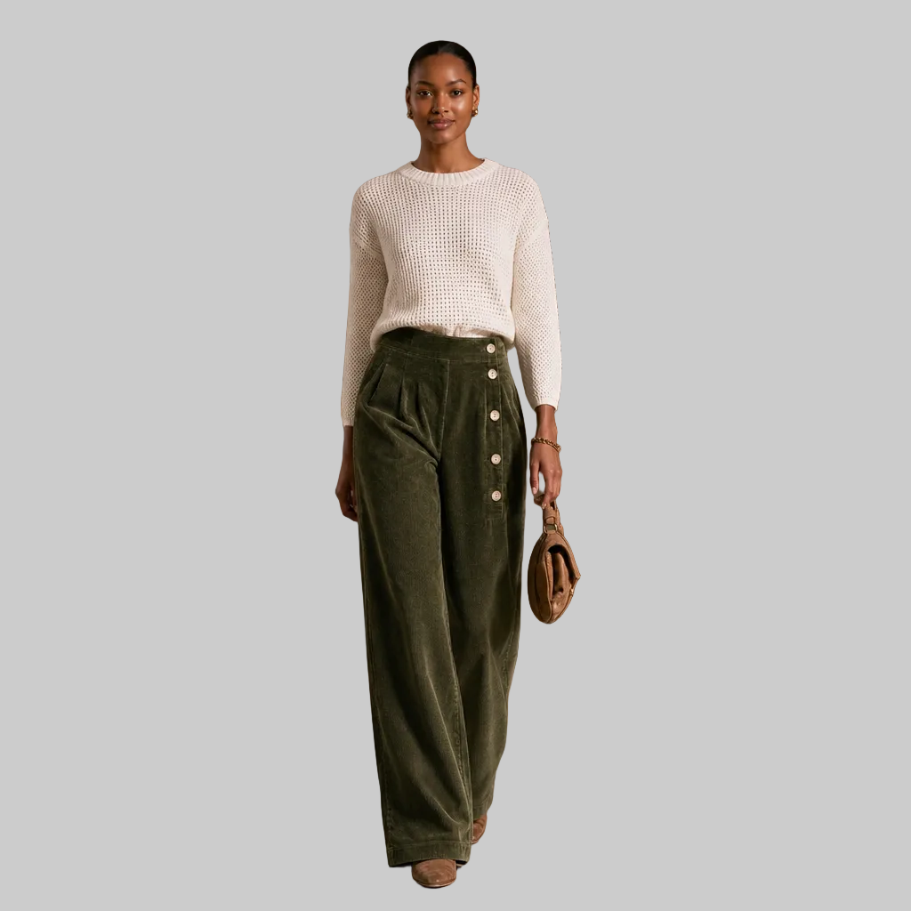 Women's Corduroy Asymmetrical Button-Front Pleated Wide-Leg Trousers